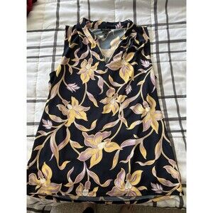 Ann Taylor Floral Print Black Yellow Blouse Sz M Career V-Neck Sleeveless Top‎